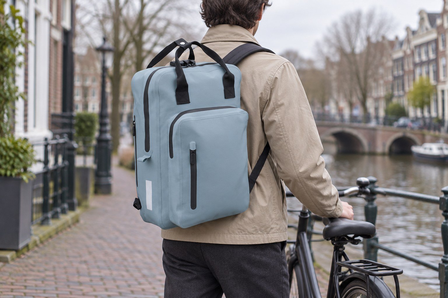 Conceptbeeld van de iceblauwe rugzak naast een fiets aan een Nederlandse gracht